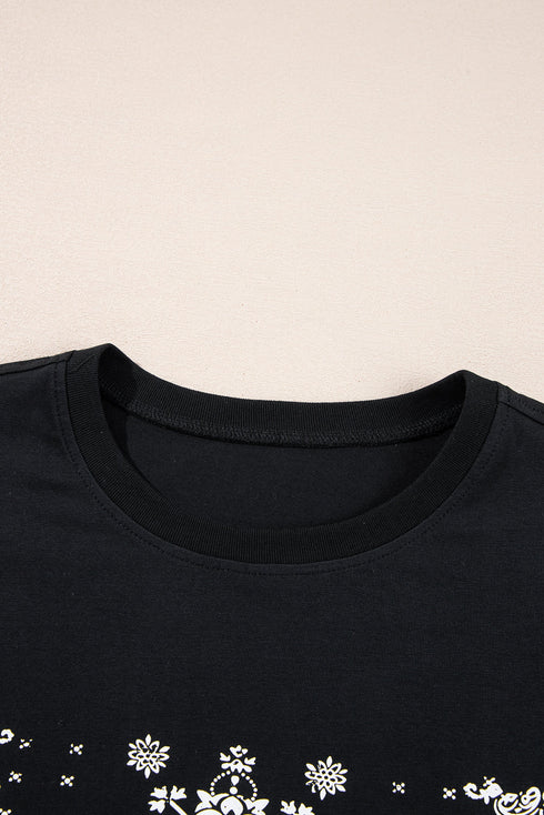 Black Paisley Print Crew Neck Loose Fit Tunic Tee